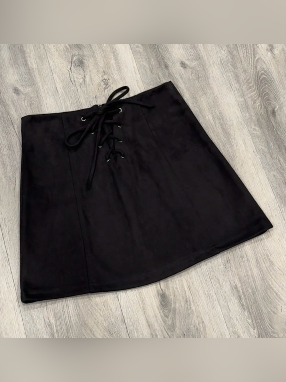 Acne Studios Causal Black Faux Suede A-Line Y2K Mini Skirt with Lace-Up Detail
